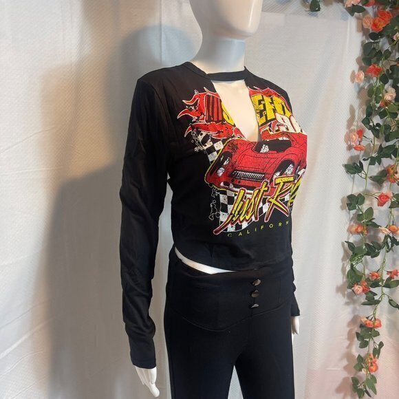 Just Ride Cut Out V-Neck Long Sleeve Cotton Tee - Black Size M RefFNB3 - Picture 7 of 11